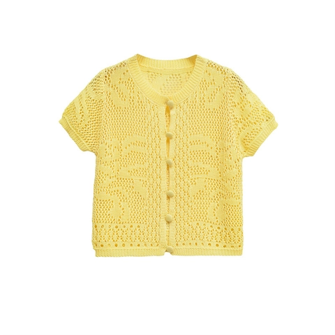 Women's Casual Hollow Out Crochet Knit Cardigan Short Sleeve V Neck Bright Yellow Button Up Short Knitwear Top