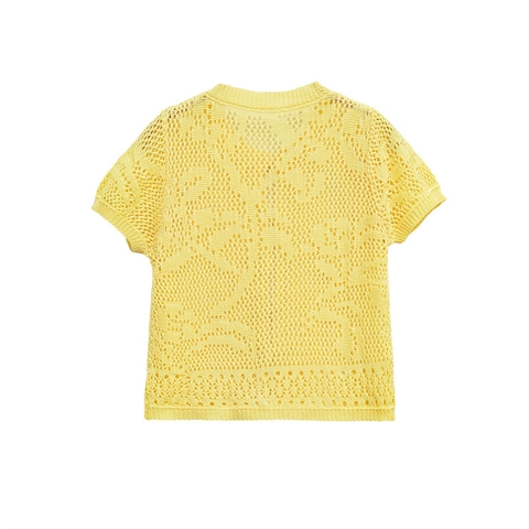 Women's Casual Hollow Out Crochet Knit Cardigan Short Sleeve V Neck Bright Yellow Button Up Short Knitwear Top