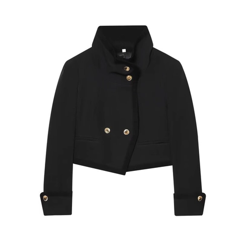 Damen Schwarz Kurz PU Jacke Mit Vintage Goldene Knöpfe Stehkragen Slim Fit Langarm Büro Lässig Chic Mantel