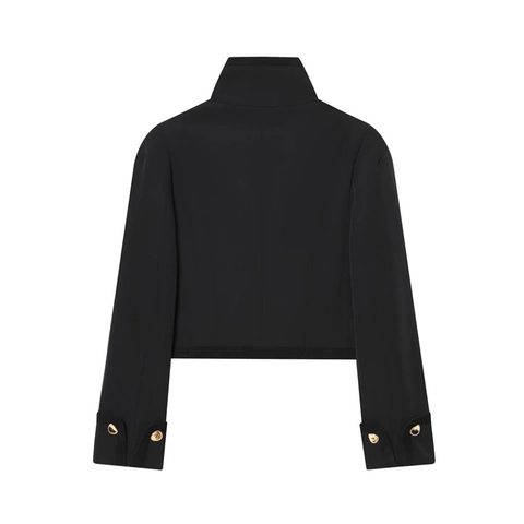 Damen Schwarz Kurz PU Jacke Mit Vintage Goldene Knöpfe Stehkragen Slim Fit Langarm Büro Lässig Chic Mantel
