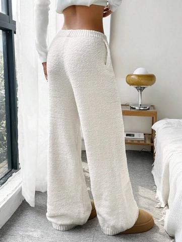 Pantaloni da Casa da Donna a Vita Alta Gamba Larga Tinta Unita in Maglia Peluche Pantaloni Casual Dritti Caldi Invernali