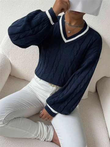 Women V Neck Cable Knit Sweater Loose Lantern Sleeve Contrast Stripe Pullover Knitted Jumper Preppy Style Winter Top