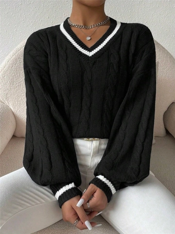 Women V Neck Cable Knit Sweater Loose Lantern Sleeve Contrast Stripe Pullover Knitted Jumper Preppy Style Winter Top