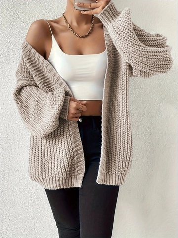Cardigan da Donna Oversize a Maglia Grossa Maglione Maniche a Lanterna Aperto Davanti Tinta Unita Lunghezza Media Maglieria