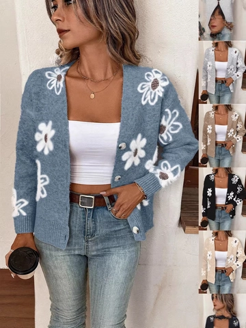 Women Floral Print Knit Cardigan Viscose Polyester V Neck Button Front Daisy Pattern Long Sleeve Loose Sweater Top