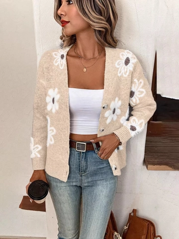 Women Floral Print Knit Cardigan Viscose Polyester V Neck Button Front Daisy Pattern Long Sleeve Loose Sweater Top