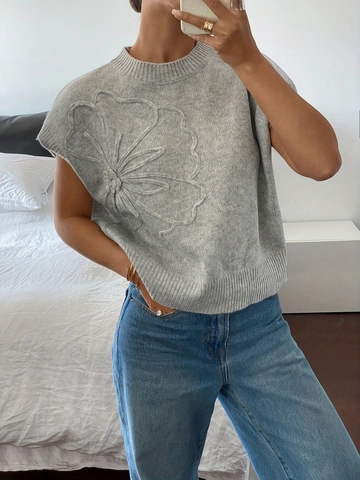 Gilet en Tricot Jacquard pour Femme Décontracté Col Rond Sans Manches Pull Top Avec Broderie Florale 3D Gilet Doux