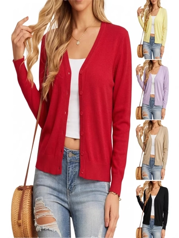 Γυναικεία Casual Πλεκτή Ζακέτα V-Λαιμόκοψη Μακρυμάνικη Μονόπετη Μονόχρωμη Ελαφρύ Μαλακό Πουλόβερ Πανωφόρι για Γυναίκες