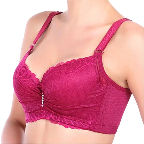 Women's Sexy Floral Lace Underwire Bra Push Up Side Breast Correction Adjustable Straps Thin Mold Cup Back Four Row Hooks Bra