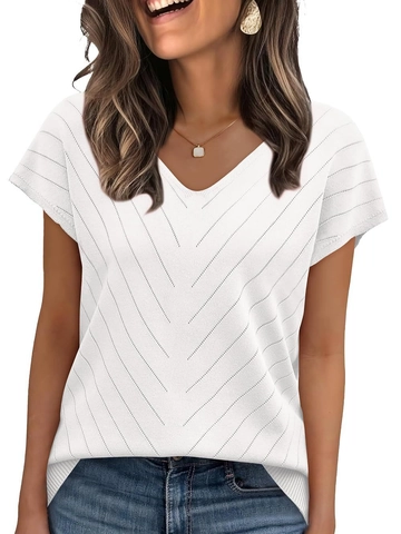 Damen V-Ausschnitt Kurzarm Strickoberteil Chevron Textur Viskose Weich Leicht Casual Sommer Pullover T-Shirt Minimalistischer Pullover
