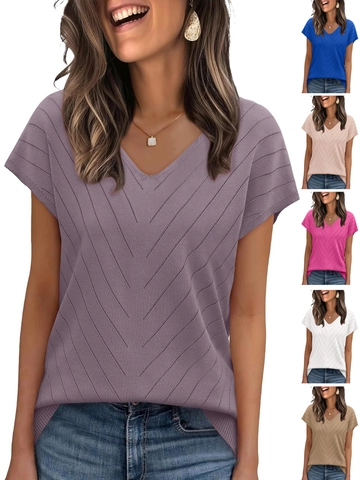 Damen V-Ausschnitt Kurzarm Strickoberteil Chevron Textur Viskose Weich Leicht Casual Sommer Pullover T-Shirt Minimalistischer Pullover