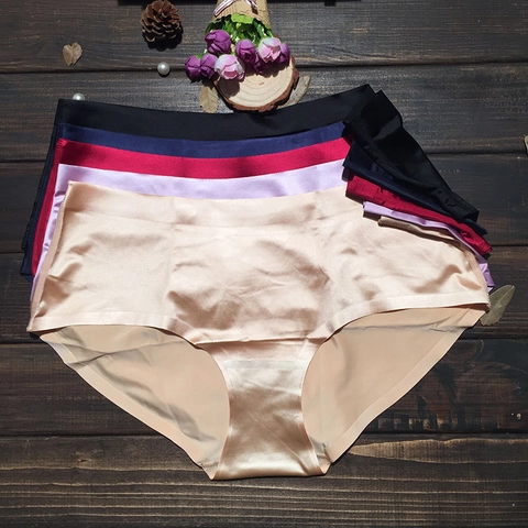 Plus Size Women Seamless Panties Satin Look Mid Waist Breathable Soft Underwear Silk Texture Solid Color Hip Lifting Briefs