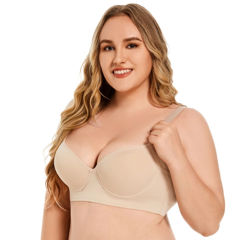 Women's Plus Size Seamless Bra Full Coverage Push Up Underwire Lingerie Nylon Adjustable Wide Straps Deep V Everyday Support Brassiere