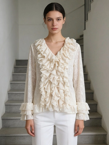 Franse Casual Blouse Met V-Hals En Ruffles Voor Dames Elegante Effen Kleur Getextureerd Shirt Lente Mode Top
