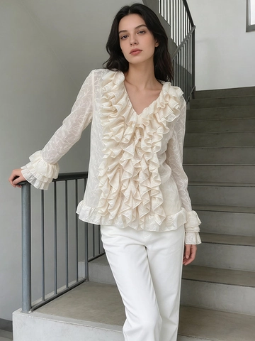 Franse Casual Blouse Met V-Hals En Ruffles Voor Dames Elegante Effen Kleur Getextureerd Shirt Lente Mode Top