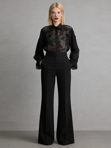Women Elegant Floral Embroidered Mesh Shirt Long Sleeve Lapel Blouse Loose Casual Sheer Lace Top For Party Office