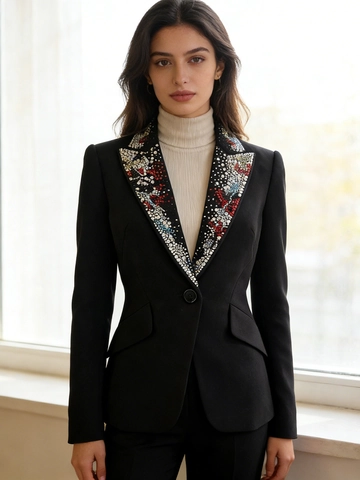 Elegante Giacca Blazer Nera da Donna Slim Fit con Revers con Strass e Perline Manica Lunga Bottone Singolo per Ufficio Festa