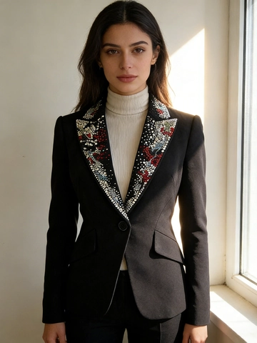 Elegante Giacca Blazer Nera da Donna Slim Fit con Revers con Strass e Perline Manica Lunga Bottone Singolo per Ufficio Festa