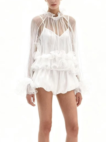 Dames Elegante Transparante Mesh Blouse En Camisole Binnenblouse Ruffles Opstaande Kraag Lange Mouwen Shirt Voor Feest