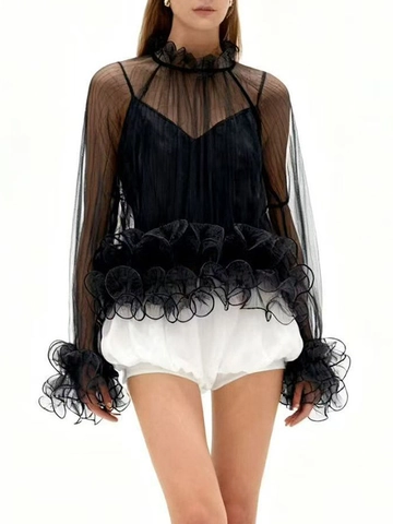 Dames Elegante Transparante Mesh Blouse En Camisole Binnenblouse Ruffles Opstaande Kraag Lange Mouwen Shirt Voor Feest