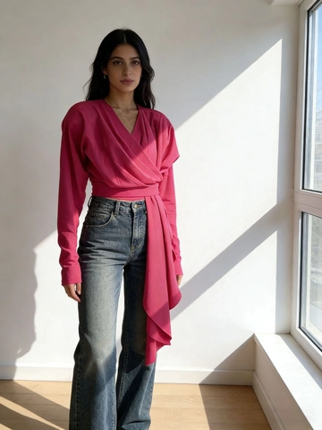 Women Elegant Wrap V Neck Long Sleeve Blouse Asymmetric Streamer Sash Slim Fit Solid Color Polyester Top Fashion Shirt