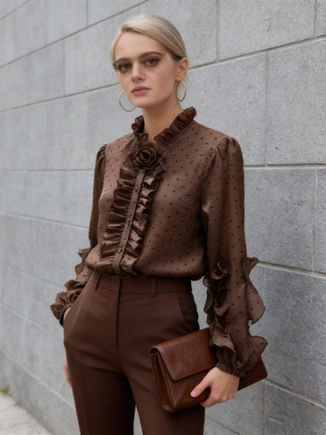 Dames Vintage Polka Dot Blouse Ruffle Lange Mouwen Elegant 3D Bloem Lantaarnmouw Casual Chiffon Top