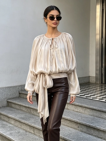 Elegante Plissee-Bluse im Satin-Look für Damen Langes Laternenärmel Rundhals-Bindevorderseite Hohe Taille Schleifenhemd Top Mode