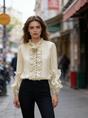 Dames Vintage Polka Dot Blouse Ruffle Lange Mouwen Elegant 3D Bloem Lantaarnmouw Casual Chiffon Top