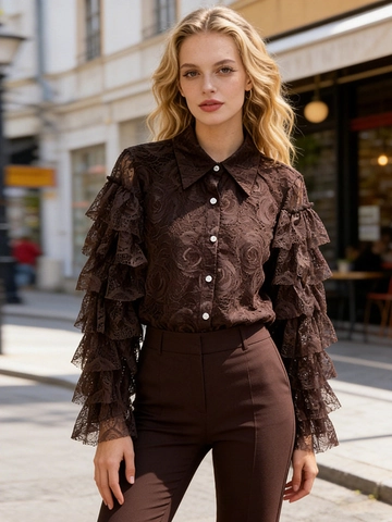 Elegant Women Lace Long Sleeve Blouse Vintage Tiered Ruffle Rose Floral Pattern Sheer Shirt Lapel Button Up Top