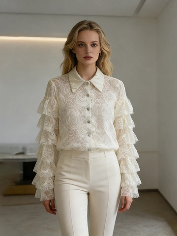 Elegant Women Lace Long Sleeve Blouse Vintage Tiered Ruffle Rose Floral Pattern Sheer Shirt Lapel Button Up Top
