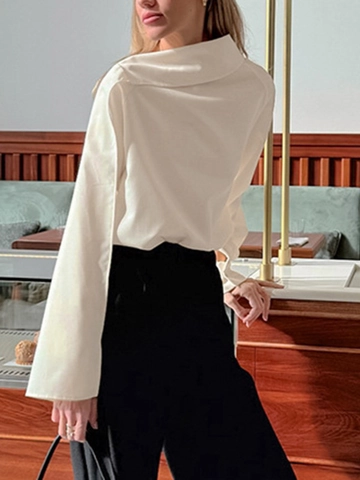 Women Elegant Satin Asymmetrical Draped Collar Blouse Long Sleeve Loose Commute Office Apricot Shirt For Spring Fall