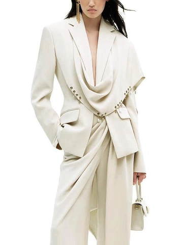 Women Elegant Asymmetrical Draping Blazer Jacket With Metal Rings Pendant Design Fashion Long Sleeve Solid Color Suit Top