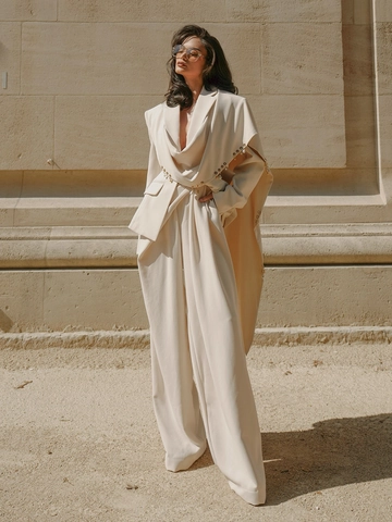 Women Elegant Asymmetrical Draping Blazer Jacket With Metal Rings Pendant Design Fashion Long Sleeve Solid Color Suit Top