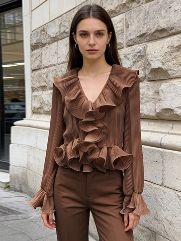 Koreaanse Stijl V-hals Ruffle Geplooide Lange Mouw Blouse Elegant Lazy Stijl Effen Kleur Pullover Top Voor Vrouwen