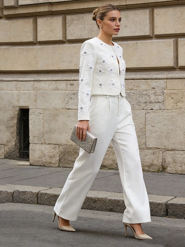Dames Elegant Blazer Broek Set 3D Bloemen Kralen Kort Jasje Hoge Taille Wijde Pijpen Broek Woon-werkverkeer Bruiloft Pakken