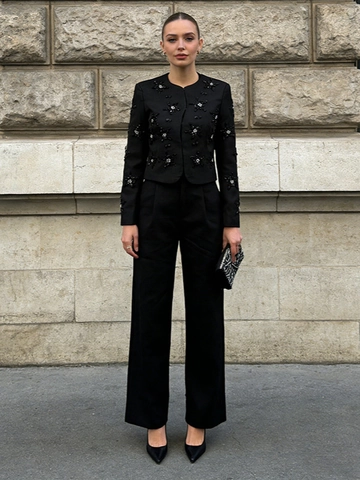 Dames Elegant Blazer Broek Set 3D Bloemen Kralen Kort Jasje Hoge Taille Wijde Pijpen Broek Woon-werkverkeer Bruiloft Pakken