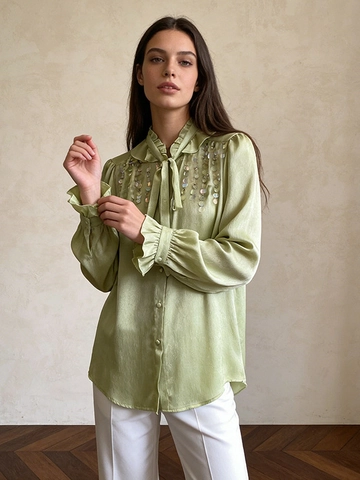 Dames Elegant Satijn Pailletten Blouse Ruffle Opstaande Kraag Strik Lange Mouwen Ruime Shirt Vintage Glamoureus Party Top