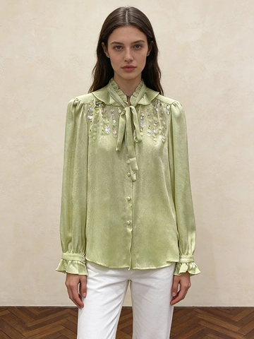 Dames Elegant Satijn Pailletten Blouse Ruffle Opstaande Kraag Strik Lange Mouwen Ruime Shirt Vintage Glamoureus Party Top