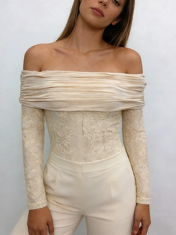 Women Sexy Off Shoulder Lace Bodysuit Long Sleeve Satin Pleated Slim Fit Romper Elegant Party Clubwear Jumpsuit