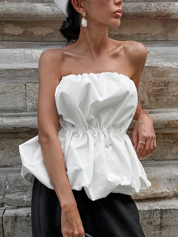 Top de Tubo Blanco Sexy para Mujer Diseño Fruncido Dobladillo Peplum Hombros Descubiertos Blusa Elástica Ajustada para Fiesta Diaria Mujer