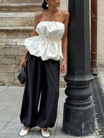 Top de Tubo Blanco Sexy para Mujer Diseño Fruncido Dobladillo Peplum Hombros Descubiertos Blusa Elástica Ajustada para Fiesta Diaria Mujer