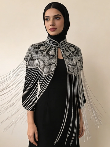 Mujer Vintage Lujoso Lentejuelas Cuentas Flecos Chal Capa Patrón Floral Elegante Fiesta Noche Shrug Wrap Ropa Exterior
