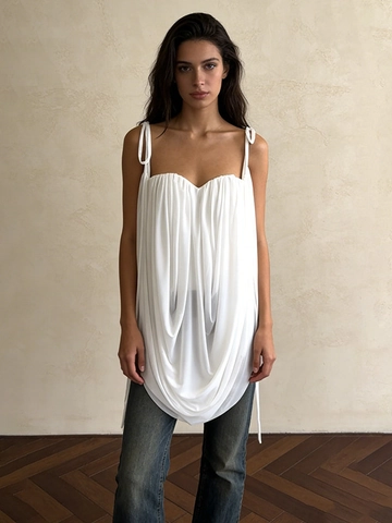 Camisola Elegante para Mujer Estilo Resort con Volantes Blanco Color Sólido Tirantes para Anudar Top Plisado Ajustado
