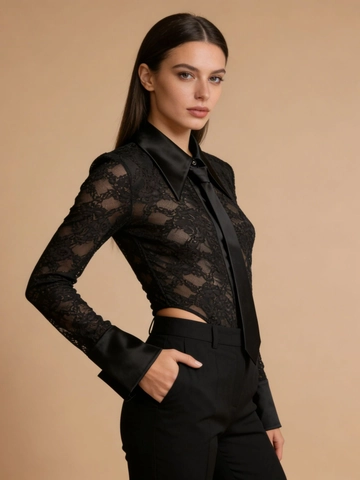 Γυναικείο Σέξι Δαντέλα Patchwork Μακρυμάνικο Bodysuit Με Σατέν Γιακά Και Γραβάτα Κομψό Εφαρμοστό Jumpsuit Top