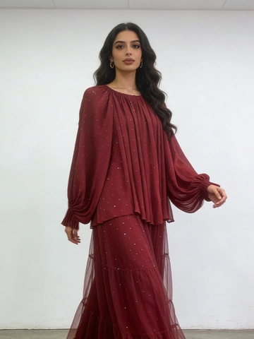 Camicetta Casual da Donna a Pieghe con Maniche a Lanterna Girocollo Top in Chiffon Elegante con Paillettes