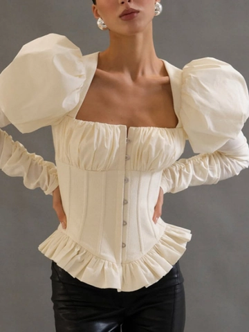 Vintage Palast Stil Quadratischer Ausschnitt Puffärmel Korsett Bluse Für Damen Sexy Slim Fit Langarm Top Mit Rüschensaum Haken