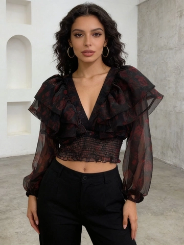 Top Corto da Donna Sexy Mesh Splicing Scollo a V Maniche Lunghe a Lanterna con Volant e Vita a Punto Smock Maglietta Moda
