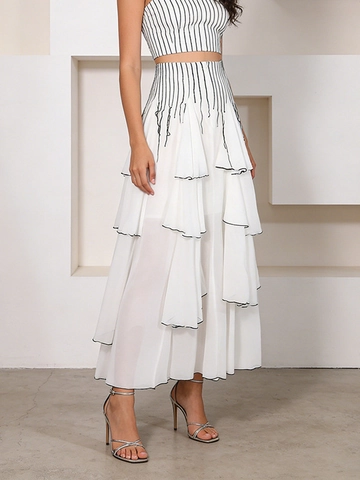 Completo Donna Elegante Francese Gonna Maxi a Strati in Rete Bianca e Crop Top a Righe Patchwork Rete Outfit Vacanza