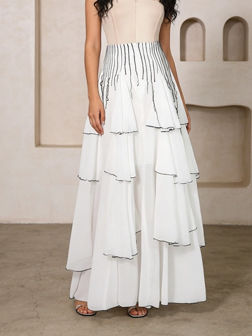 Completo Donna Elegante Francese Gonna Maxi a Strati in Rete Bianca e Crop Top a Righe Patchwork Rete Outfit Vacanza