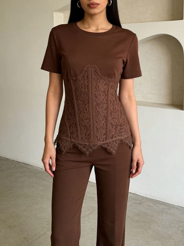 Damen Sexy Korsett T-Shirt Slim Fit Spitzen-Patchwork Kurzarm Top Rundhals Taille Taillieren Bankett Party Mode Tee